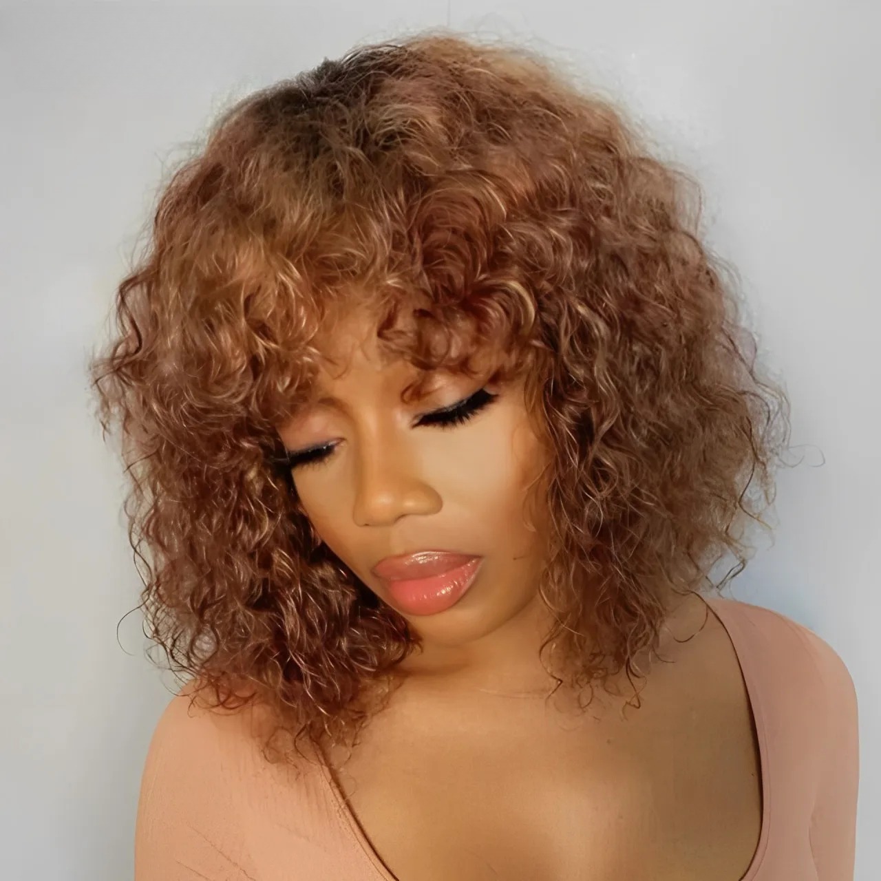 Lekker Colored Short Pixie Afro Kinky Curly Bob Human Hair Wigs With Bangs For Women Ready To Wear Ombre Brown Wigs Synthetic Wig