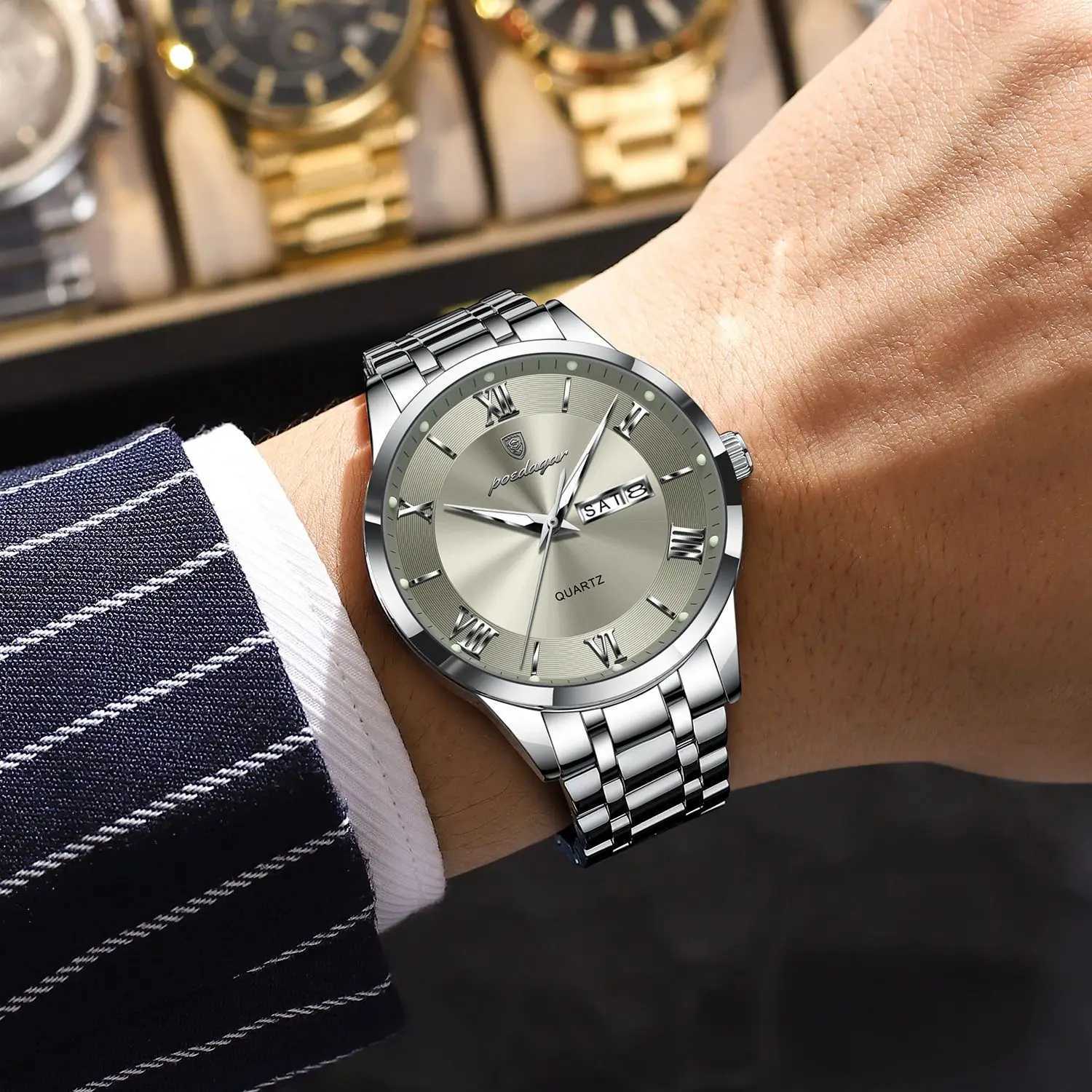 POEDAGAR Business Fashion Man Watch Waterproof Luminous Date Week M Wristwatch Stainless Steel Quartz Men Watches Reloj +Box X250726