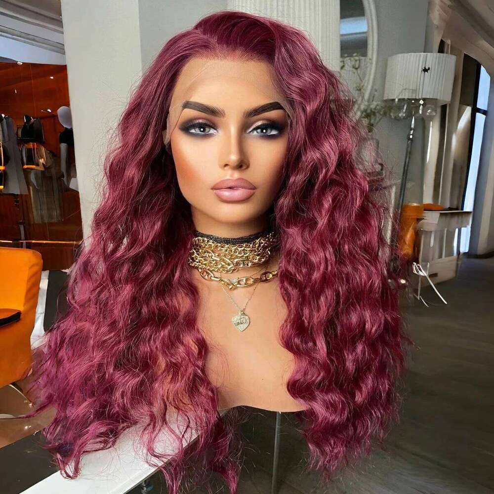 Bury Long Deep Wave 13x4 Lace Front Synthetic Hair Wigs for Women Wine Red Natural Hairline Daily Use Heat Resistant Wig