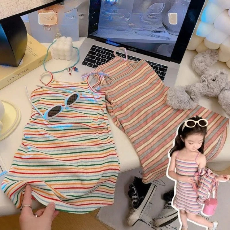 Children Suspender Striped Long Skirts Girls Baby Princess Summer Casual Vest Dresses Fashion Cute Student Kids Short Skirt 250725