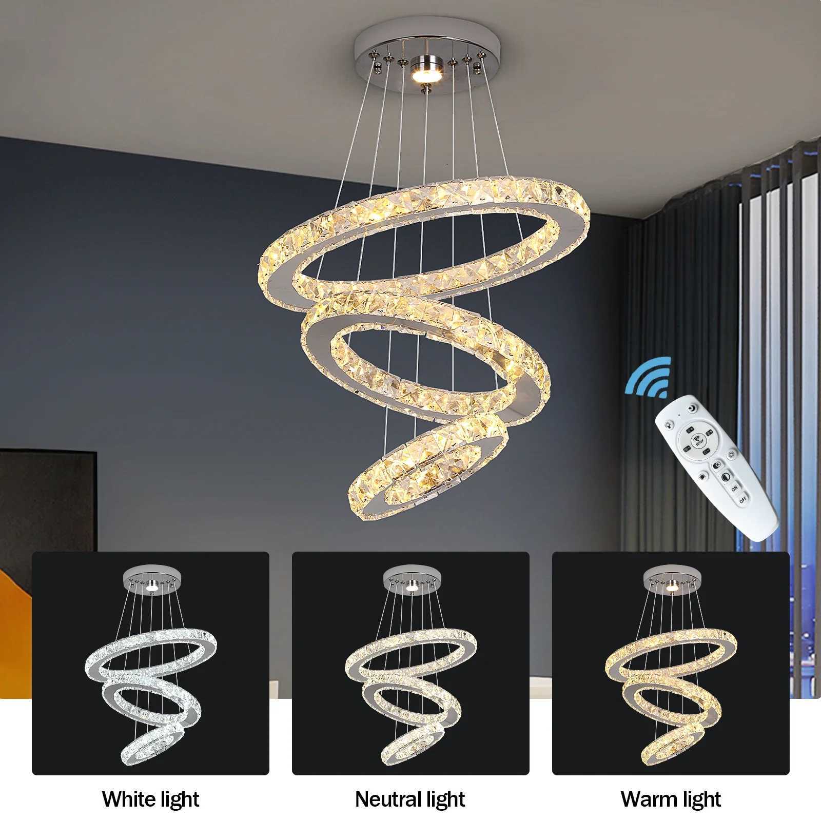Luxury Crystal Led Chandelier Lamp Home Luminaire Rings Adjustable Pendant Light Fixture With Remote Control Bedroom Living Room XJ250725