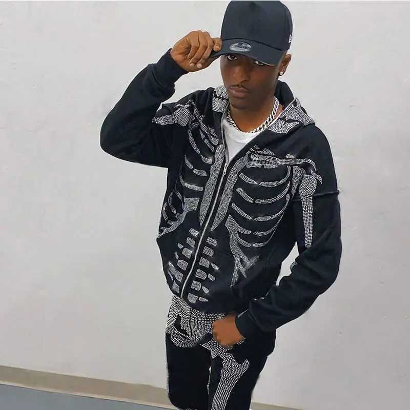 Full Zip Up Hoodie Rhinestone Skeleton Goth Sweatshirt Sport Couple Outfit Black Long Sleeve Oversized Grunge Y2k Hip Hop Jacket XJ250726