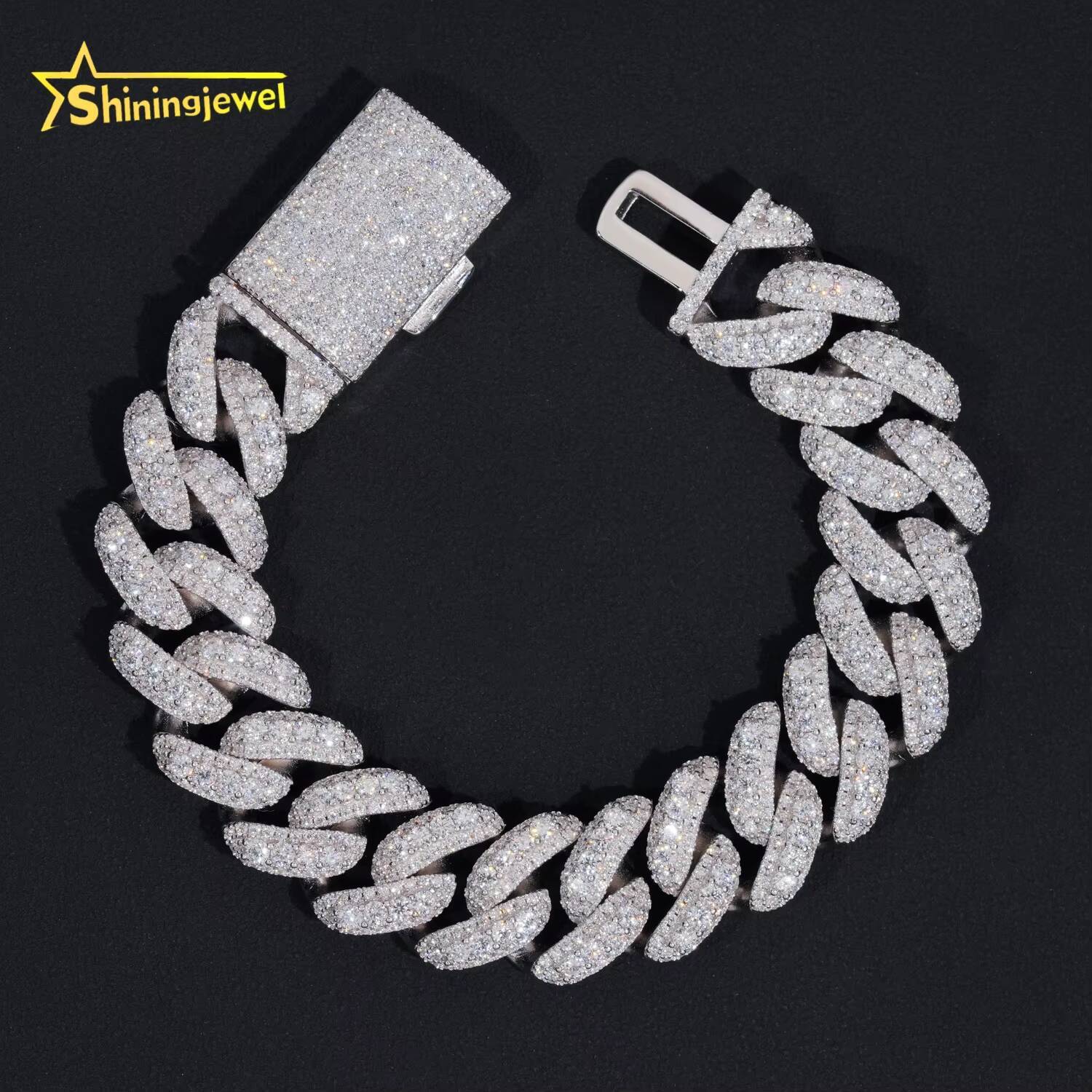Hot Selling Hip Hop 16mm Moon Shape Cuban Link Custom Iced Out Men Moissanite Bracelet 925 Sterling Silver