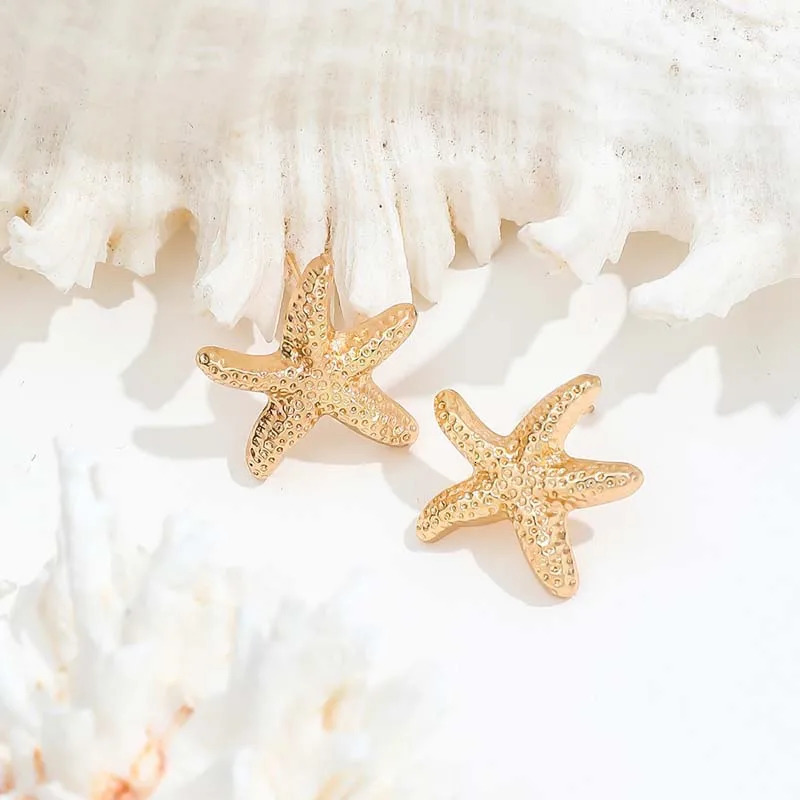 Punk Metal Starfish Stud Earrings For Women Fashion Gold Color Star Geometric Temperament Summer Jewelry Gift 250715