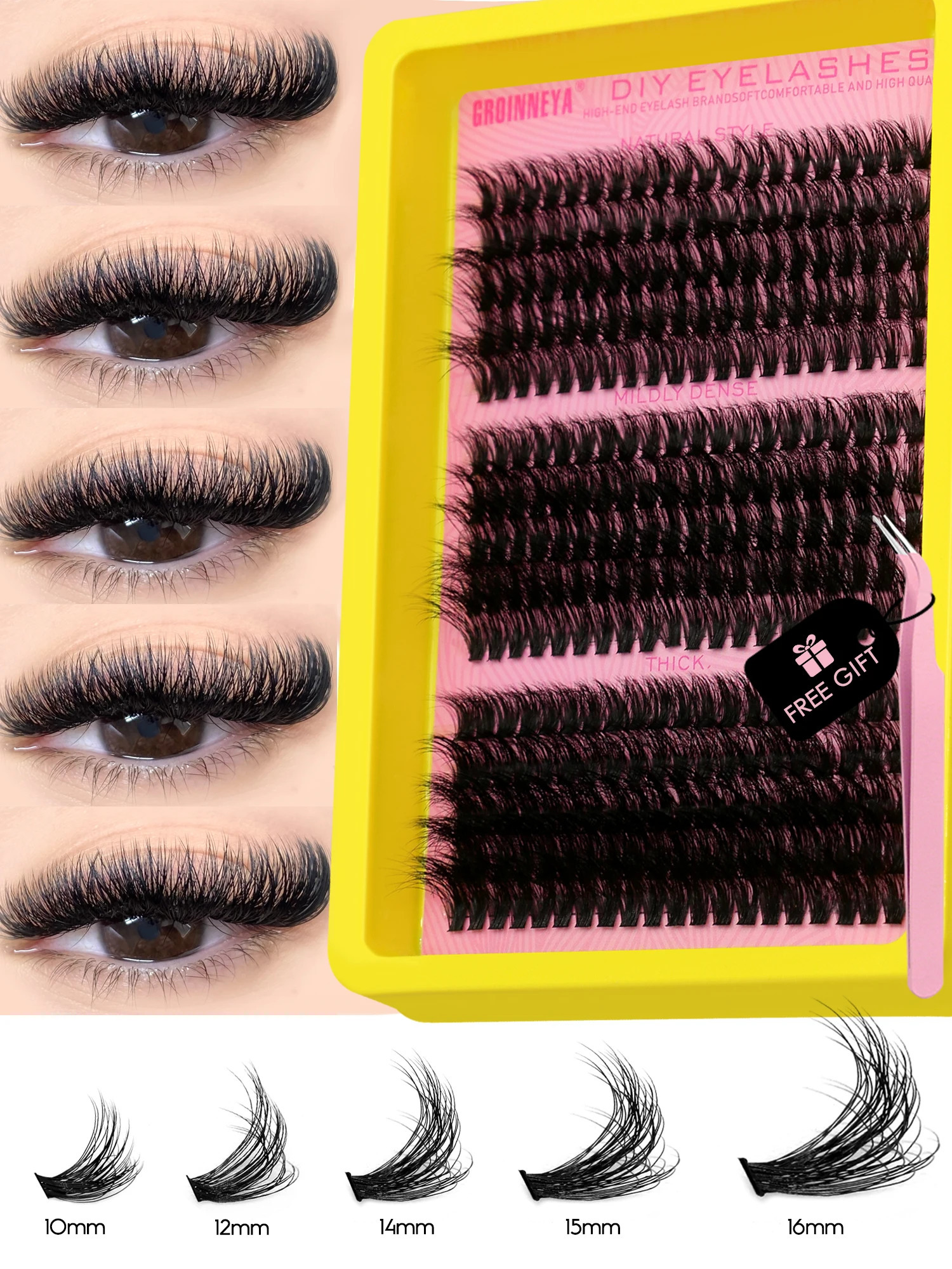 GROINNEYA Cluster Lashes Kit Fluffy Individual Volume Mixed Tray Faux Mink Eyelash Makeup 250714