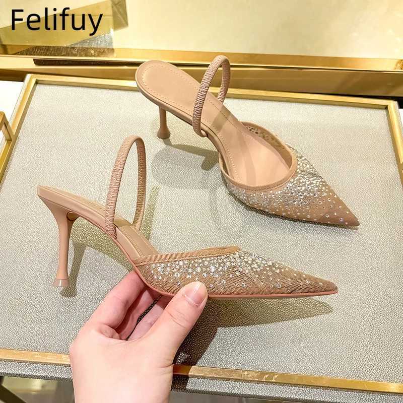 Sexy Rhinestone High Heels Women Fashion Designer Sandals Party Dress Bridal Shoes Mesh Glitter Pointed Toe Muller Pumps Women Z250725