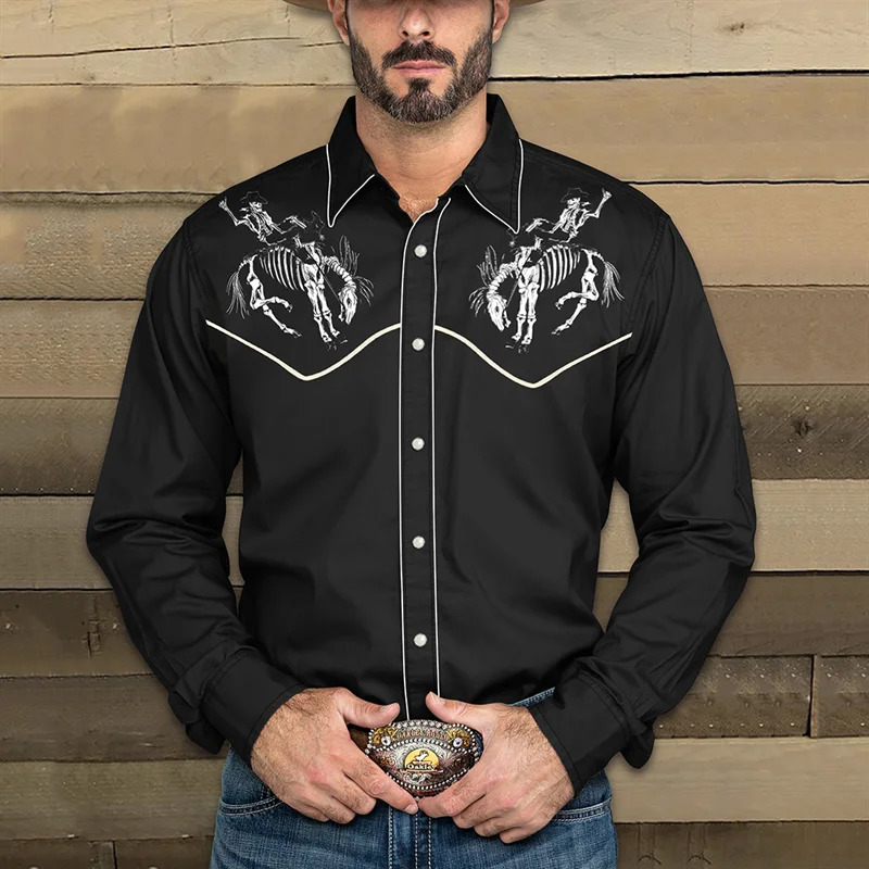 2024 Mens Long Sleeve Western Denim Shirt Outdoor Casual Party HD Pattern Soft and Comfortable Button Lapel Tshir 250725