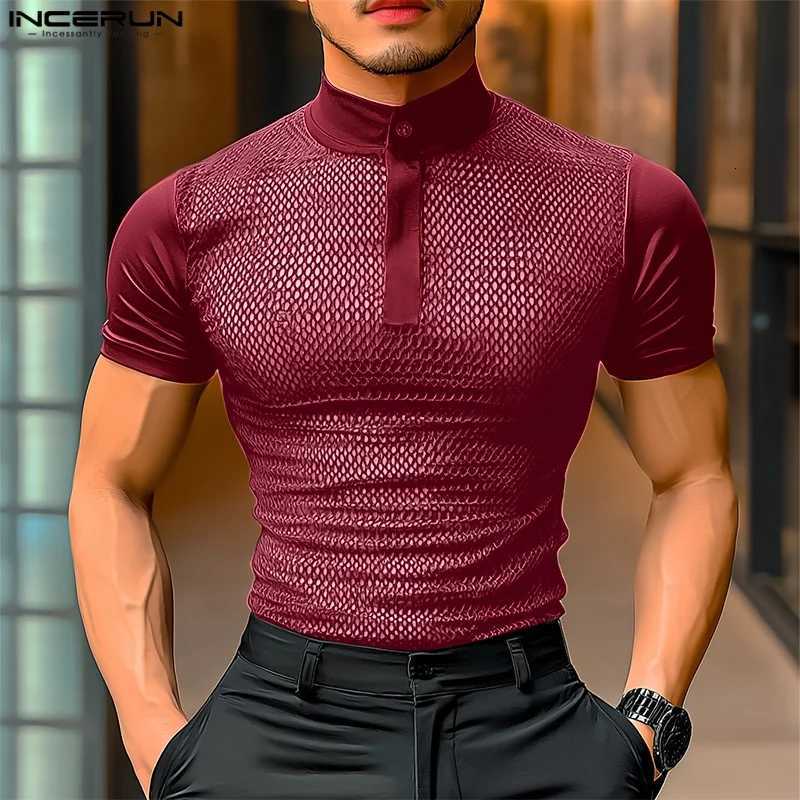 Men T Shirts Mesh Patchwork Transparent Turtleneck Short SLeeve Casual Camisetas Streetwear 2025 Fashion Sexy Tee Tops Z250725