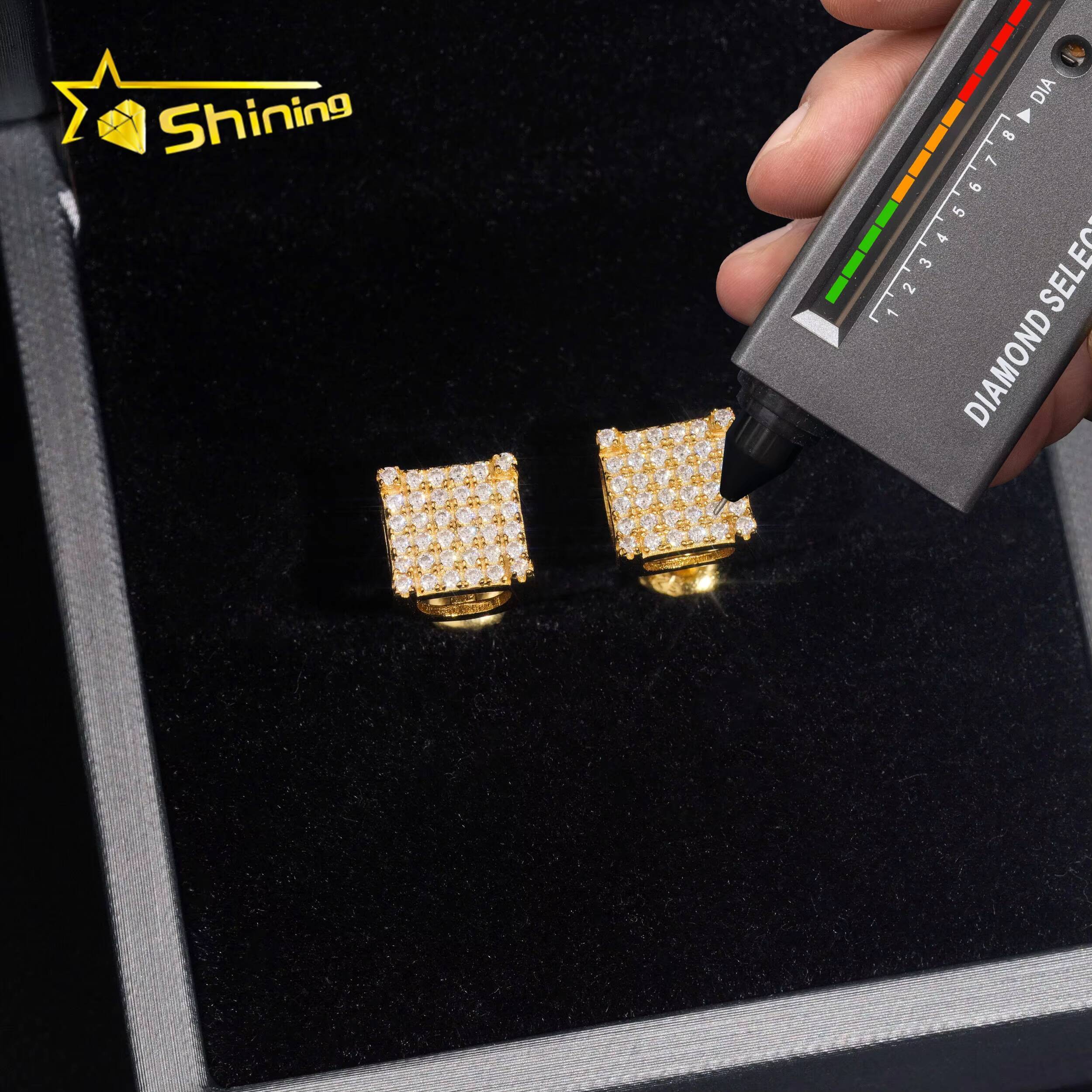 Wholesale Price Gold Plated 925 Silver 8mm Width Moissanite Earrings Hip Hop Jewelry Men Women Moissanite Ear Studs
