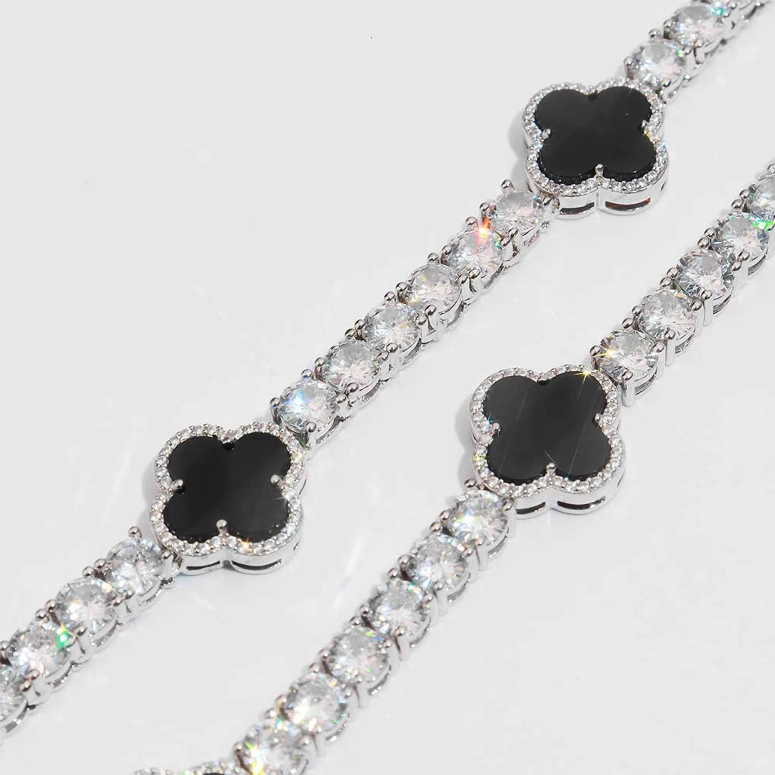 VVS Moissanite Tennis Chain with Black Agate Clover Leafs Iced Out Moissanite Necklace Officiant Gift Anniversary Gift