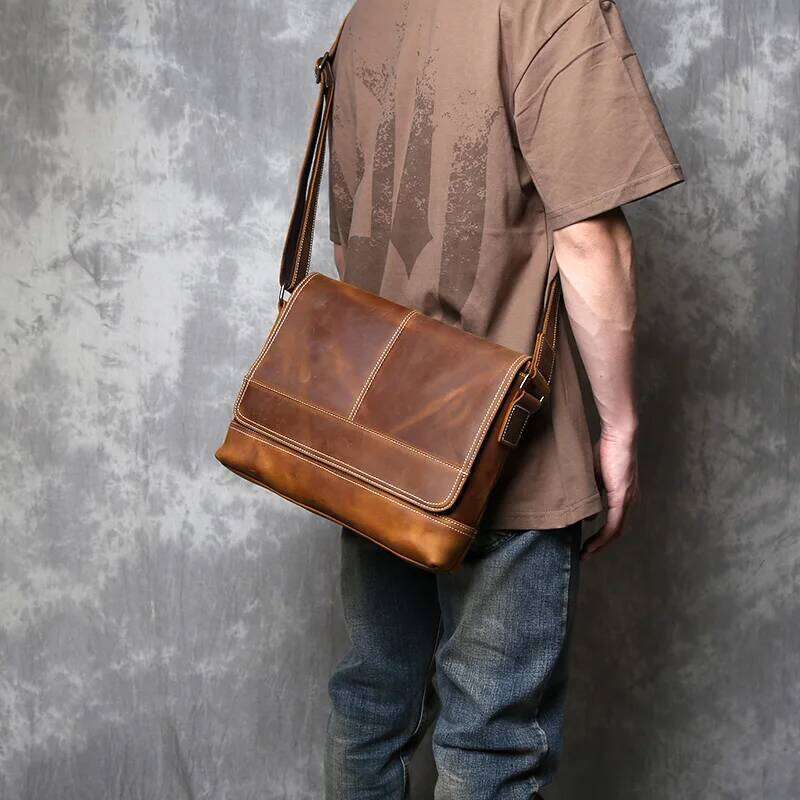 New Crazy Horse Men's Original Retro Luxury Bag Shoulder Horizontal A4 Postman Bag Handmade Leather Crossbody Bag. OLOEY