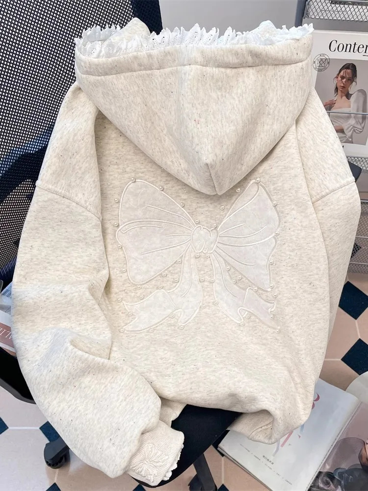 Grey Heavy Duty Nail Bead Embroidered Bow Hoodie Coat For Women Sweet Lazy Zipper Style Lace Splicing n Hoodie Top 250725