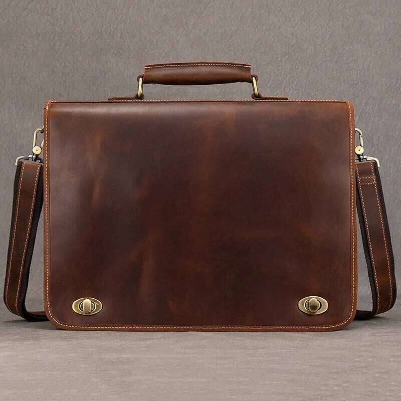 OLOEY Top Grade Thick Genuine Men 15" Laptop Cow Leather Business Bag Tote Man Briefcase With Shoulder Strap
