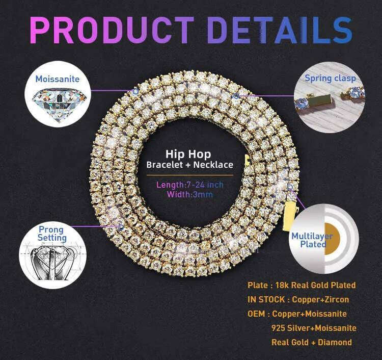 Cross Pendant Necklace Hip Hop 4mm 5mm Vvs Moissanite Dia Tennis Chain Sier for Women Men Jewelry