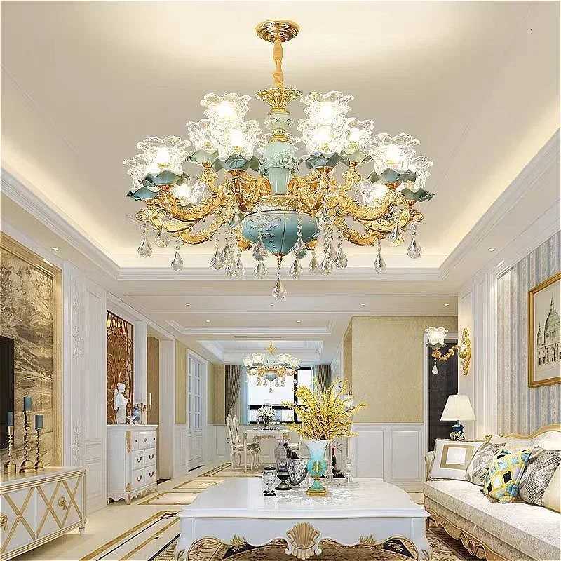Chandelier Luxury Crystal Blue Ceramic For Living Room Ceiling Lamp Villa Bedroom Dining Room Indoor Home Decor Lighting Fixture XJ250725