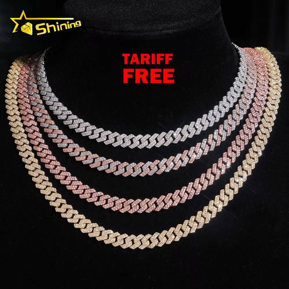 Hot Sale VVS Iced Out Moissanite Pass Diamond Test 925 Silver Gold Hip Hop 2Rows 8mm Cuban Link Chain Necklace Fine Jewelry