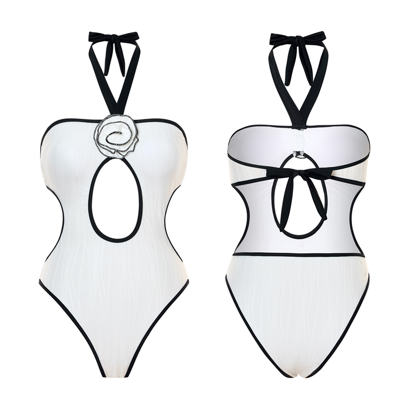 Lanjia- Elegant Halter One Piece Swimsuit, Cut - Rose Embellished Bathing Suit, Black & White Contrast Swimwear Hollow Out Monokini Beachwear E0b62