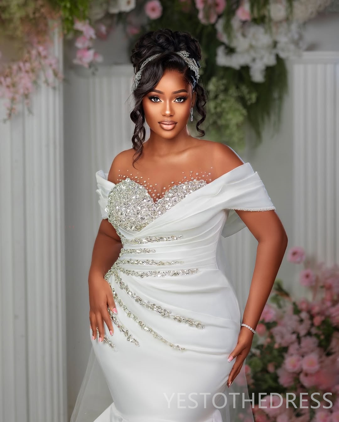 2025 Aso Ebi Wedding Dresses Bridal Gowns For Bridal Sheer Neck Illusion Ruffles Beaded Rhinestones Tiered Satin African Wedding Gowns For Black Women