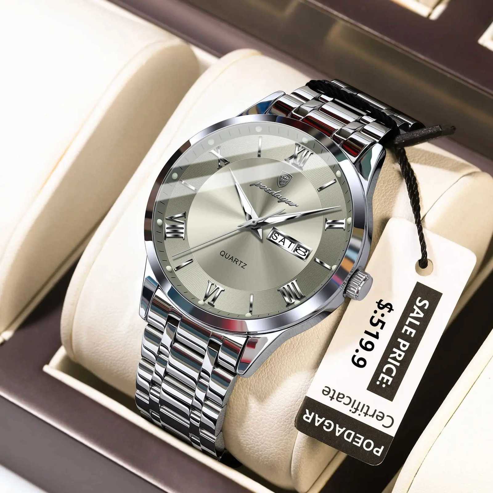 POEDAGAR Business Fashion Man Watch Waterproof Luminous Date Week M Wristwatch Stainless Steel Quartz Men Watches Reloj +Box X250726