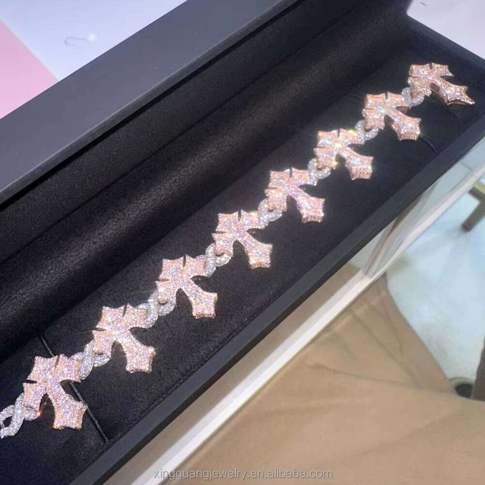 Wholesale Customization Dia Miami Cuban Hip Hop Fine Jewelry Bracelet VVS Moissanite S Sier Cross Chain Men