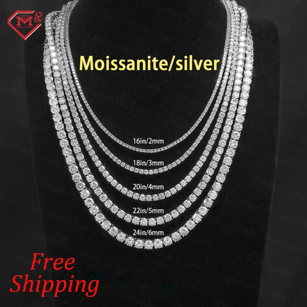 Free Shipping Moissanite Tennis Chain Necklaces Jewelry 925 Silver Vvs Iced Out 3MM 4MM Tennis Chain