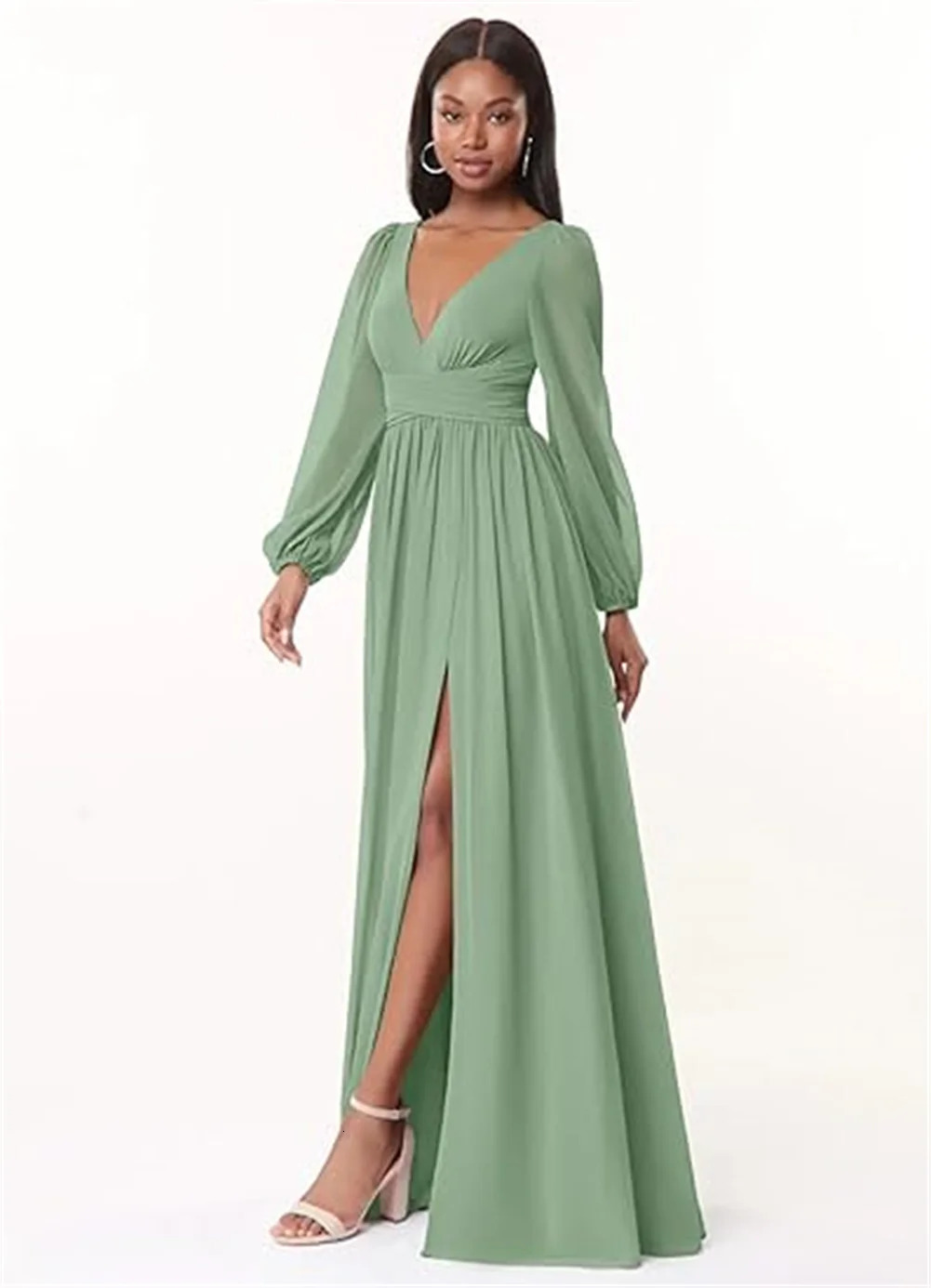 Long Sleeves V Neck Bridesmaid Dresses For Wedding Side Slit Flowy Chiffon Evening Formal Sexy Prom Dress Plus Size 250725
