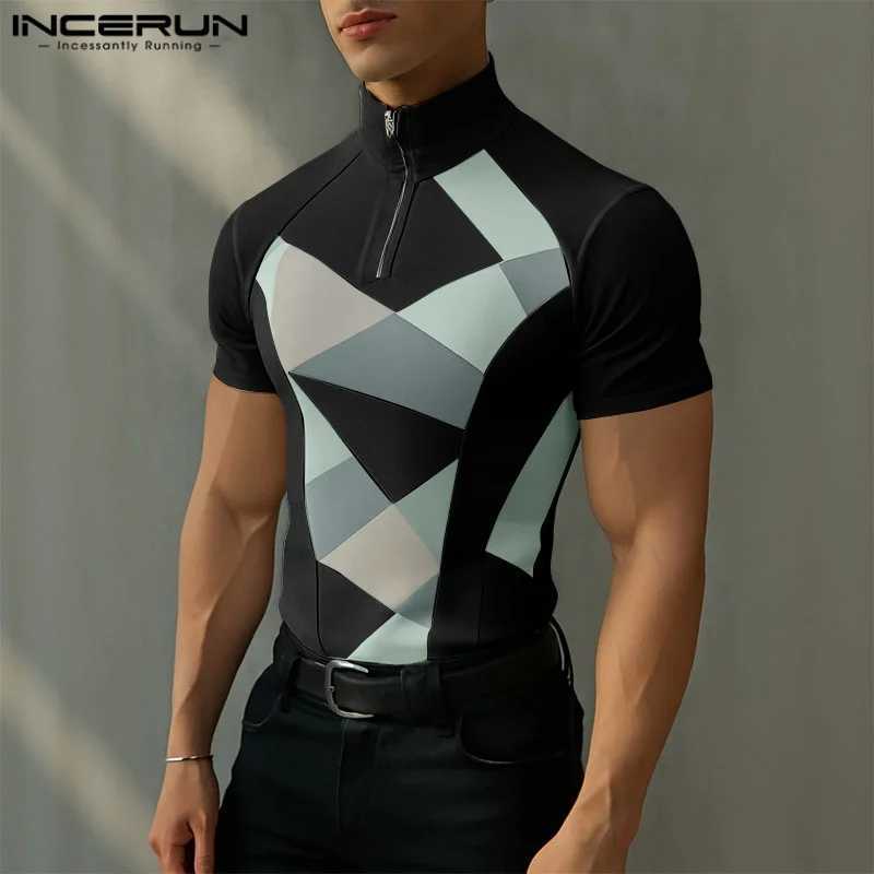 Men T Shirt Color BloCK Patchwork TurtleneCK Short SLeeve Tee Tops Zipper Workout Casual Men CloTHing Skinny Z250725