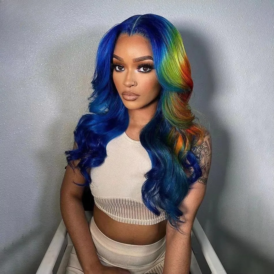 Blue Wig Multi Colored Lace Front Wig Body Wave Human Hair Blue With Red Green Highlight Synthetic 13X4 Lace Closure Pre Plucked 180% peruca