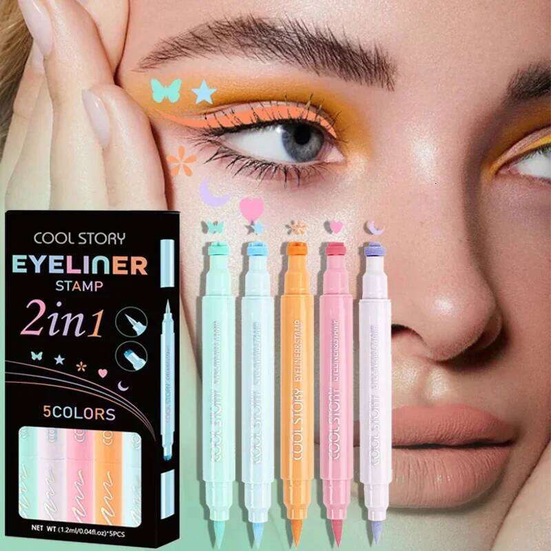 5Pc/Set Love Flowers Stamp Pen Colorful Pink Blue Liquid Eyeliner Double-ended Seal Eye Liner Pencil Fast Drying Makeup