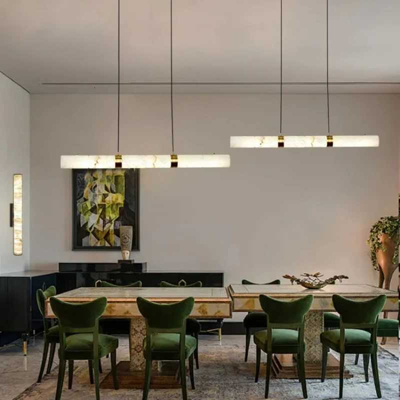 Dimmable LED Marble Linear Hanging Lamps LED Chandelier Lighting White Alabaster Suspension Luminaire Lamps for Dining RoomXJ250725