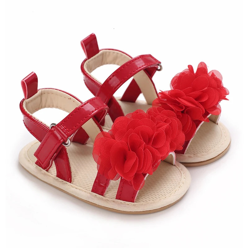 Summer Baby Girl Sandals Red Festive And Cute Flower Shoes Soft Rubber Soles Comfortable Casual Walking Shoes 250725