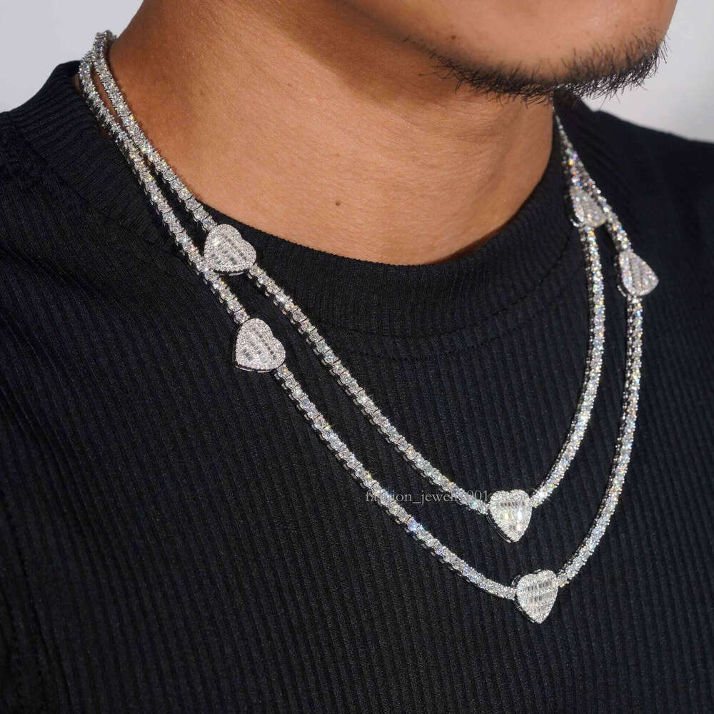 Dia hair new sier moissanite tennis chain main stone 3mm heart-shaped hip-hop necklace HipHop
