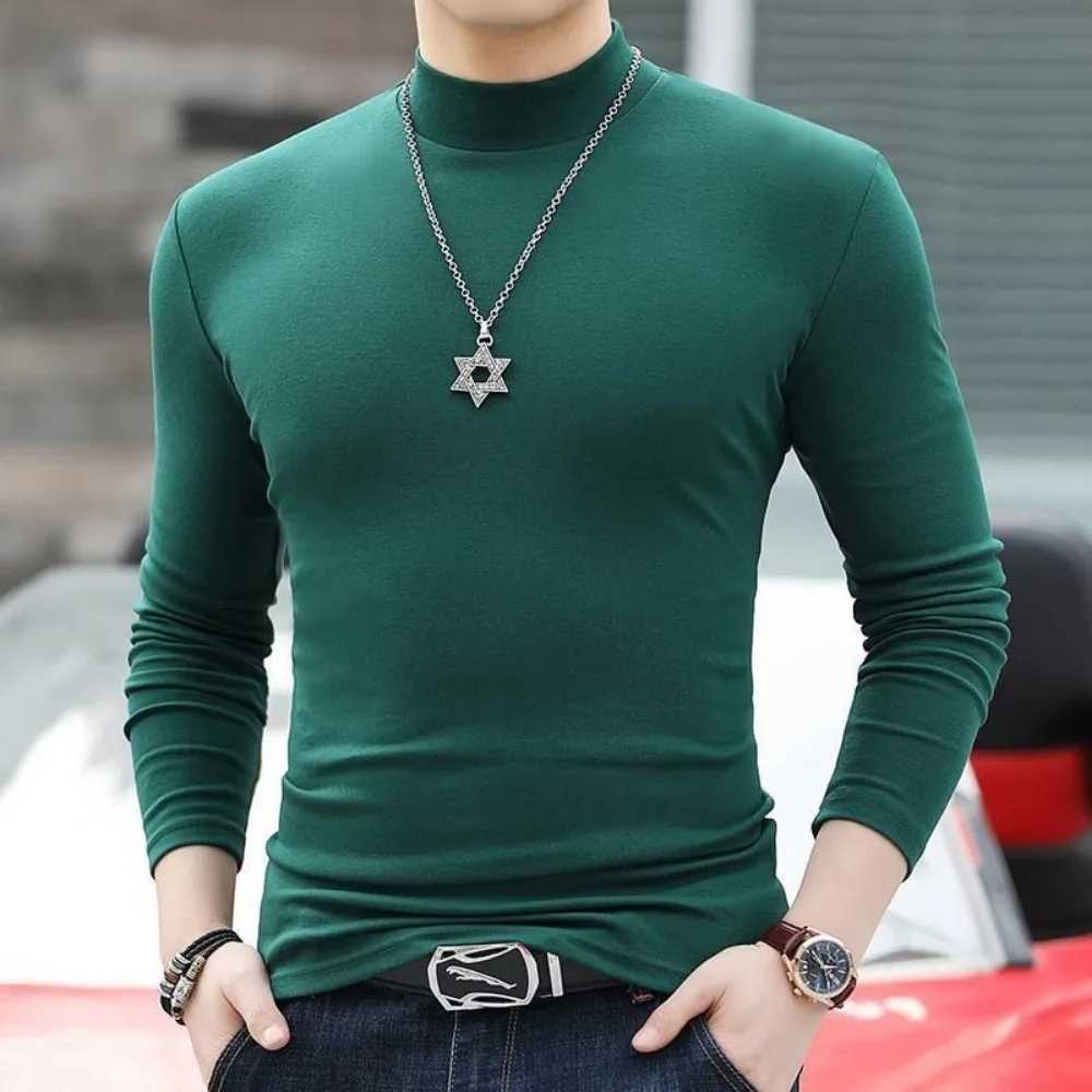 Korean Clothing Blouse Oversize Wear Casual Full Cotton Mens Turtleneck Base Shirt Simple Solid Color Long SLeeve Tops Tee Z250725