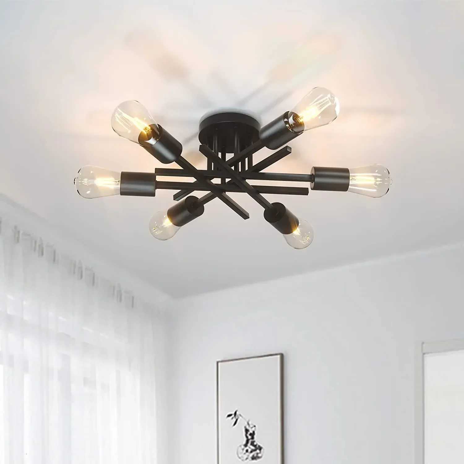 Modern Semi Flush Mount Chandelier Mid Century Close to Black Ceiling Light Fixture Sputnik C XJ250725