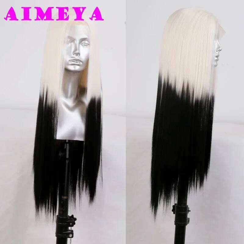 AIMEYA Ombre Synthetic Lace Front for Women 13x4 Platinum Blonde Roots Pink Wig Long Silky Straight Colorful Wigs