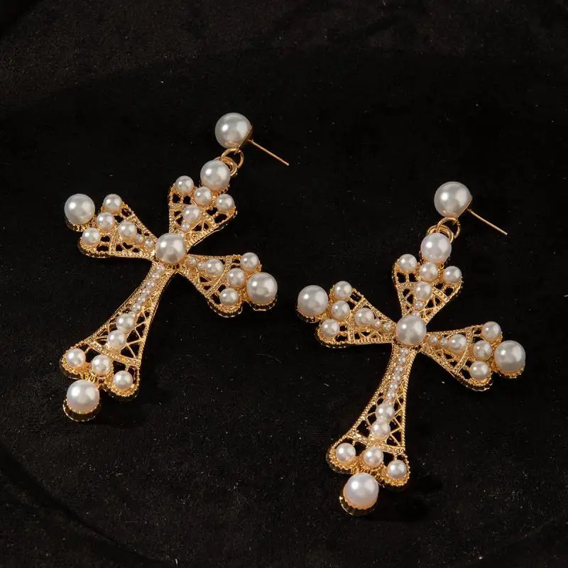 Vintage Pearl Cross Drop Earrings for Women Punk Gold Color Hollow Big Fashion Party Jewelry Girl Gift 250715