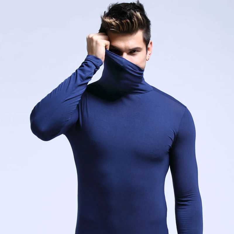 Mens thermal underwear in turtleneck lapel autumn thin Modal autumn and winter long-sleeved base shirt single slim-fit top Z250725
