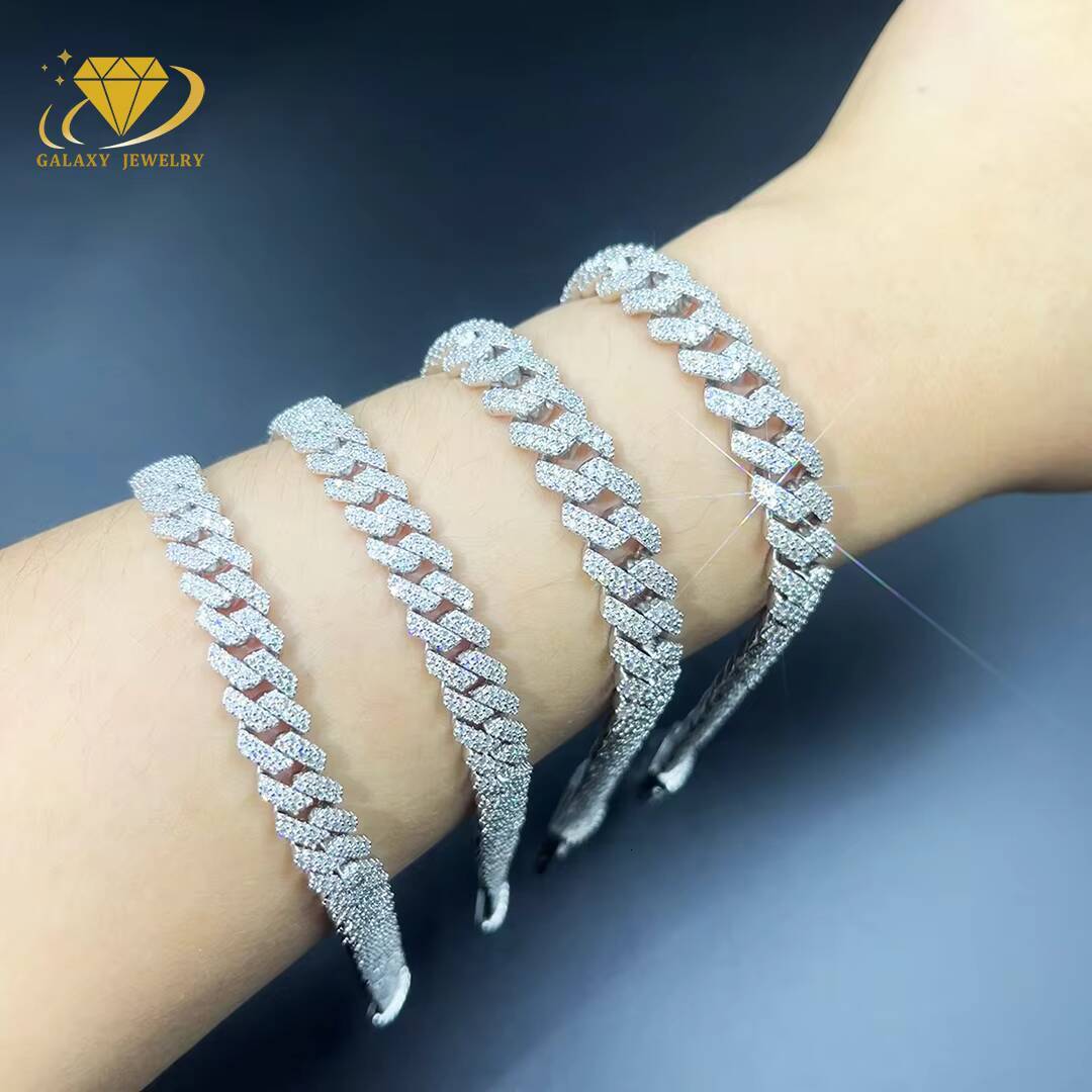 Wholesale 2rows Moissanite Cuban Chain 8-14mm 925 Silver Iced Out Mosssanite Diamond Fine Cuban Chain Link Bracelets