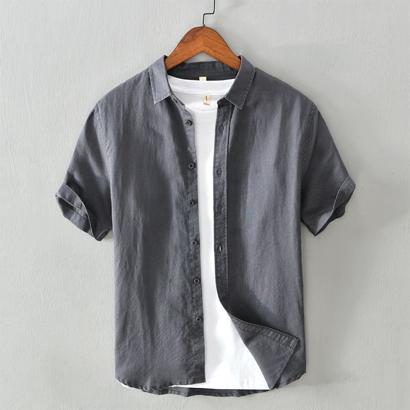Breathable Shirt Men's Short Sleeve Slim Fit Top Summer Thin Turn-down Collar Youth Cotton Linen Casual White Mengyu