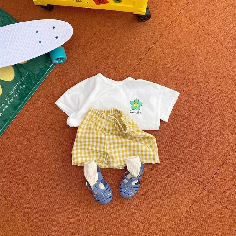 ute Floral Pattern Baby Girls Short Sleeve Suit Summer Clothing Childrens Tshirts Plaid Shorts Kids 2 Piece Set Girl Clothes 250725