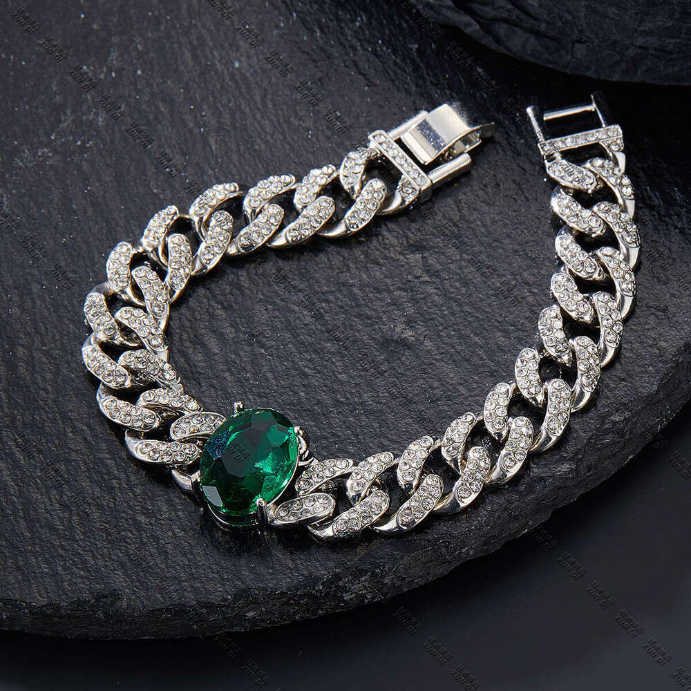 New Hip-Hop Alloy Rhinestone Luxurious Versatile 13mm Emerald Cuban Chain Necklace Special
