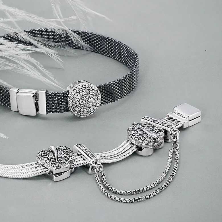 925 Silver Pave Reflexions Sparkling Clasp Bracelet Fit Clip Charms DIY Jewelry Gift Heart Round She - Charm XJ250726