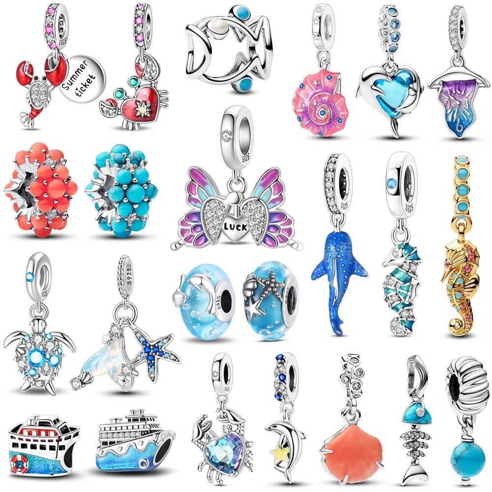 925 Sterling Silver Crab Dolphin Seahorse Dangle Charm Fits Bracelet DIY Women Girl Necklace Pendant Gift Summer Ocean Series XJ250726