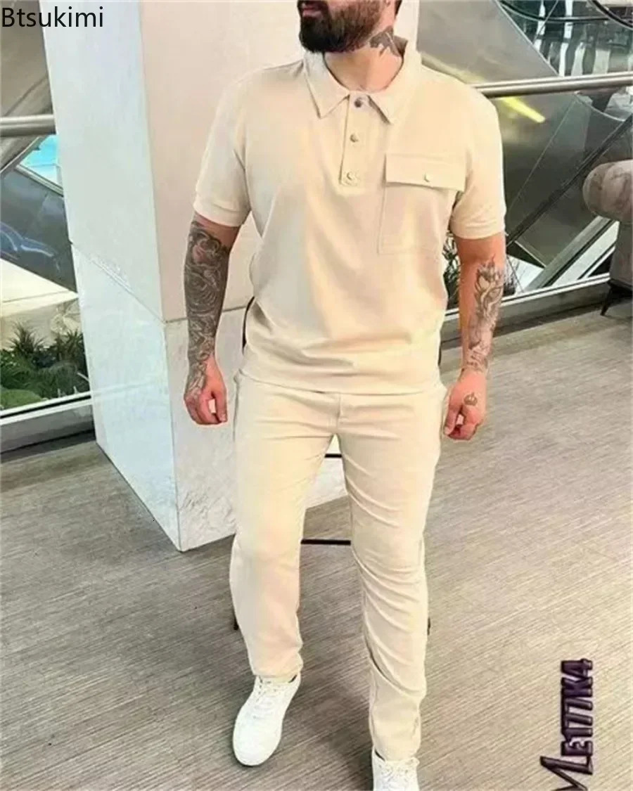 2025 Mens Casual Sport Sets 2PCS Short Sleeve Polo TShirtsPants Suits Sets Solid Spring Autumn Twopiece Tracksuit Mens Sets 250724