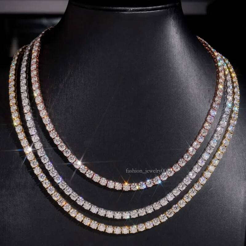 Passed Test 5mm 18-24inch Yellow White Rose Gold Plated Sterling Sier VVS D Color Moissanite Tennis Chain Necklace Bracelet Links For Women/Men