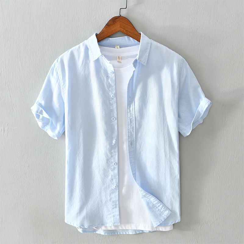 Breathable Shirt Men's Short Sleeve Slim Fit Top Summer Thin Turn-down Collar Youth Cotton Linen Casual White Mengyu