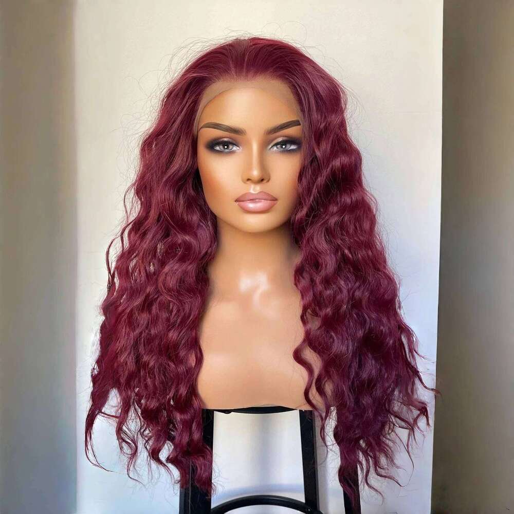 Bury Long Deep Wave 13x4 Lace Front Synthetic Hair Wigs for Women Wine Red Natural Hairline Daily Use Heat Resistant Wig