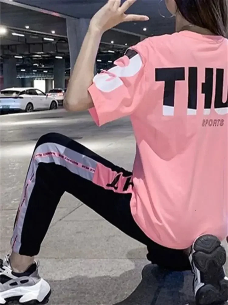 2 Pieces Sets Women Sportswear Printed T-shirt Women Sports Pants Casual Tracksuit Female Clothing 250717