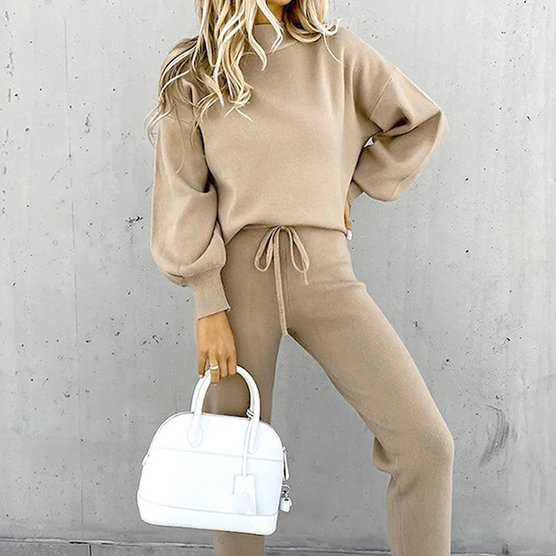 Autumn and Winter Womens Sweater High Collar Casual Solid Color Trousers Two-piece Set 250723