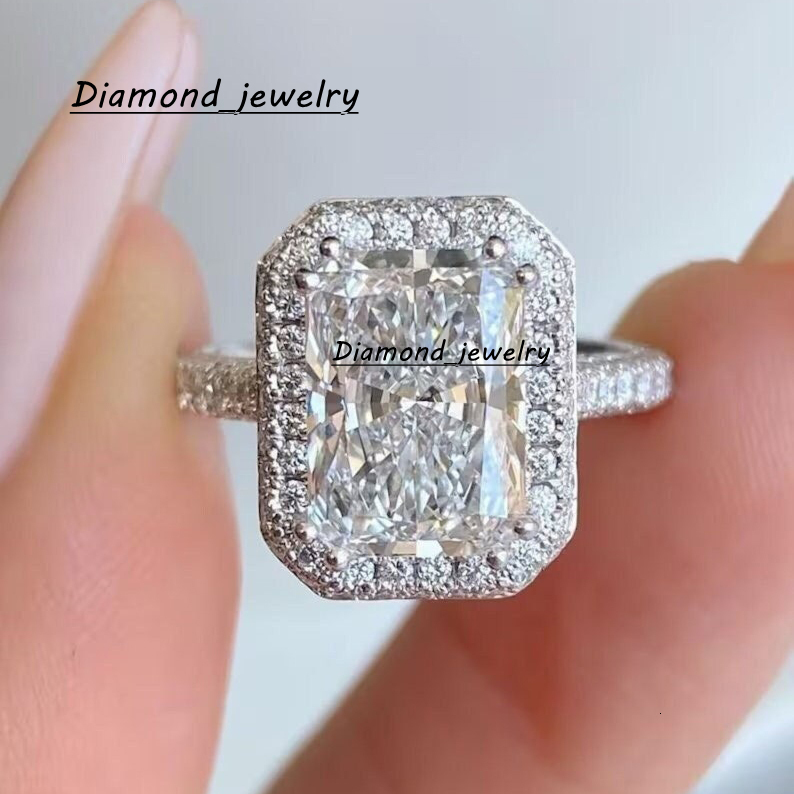 Custom Made Cultivated Ice Cut Diamond Wedding Band 4CT Radiant Moissanite S925 10K 14K 18K White Gold Moissanite Ring